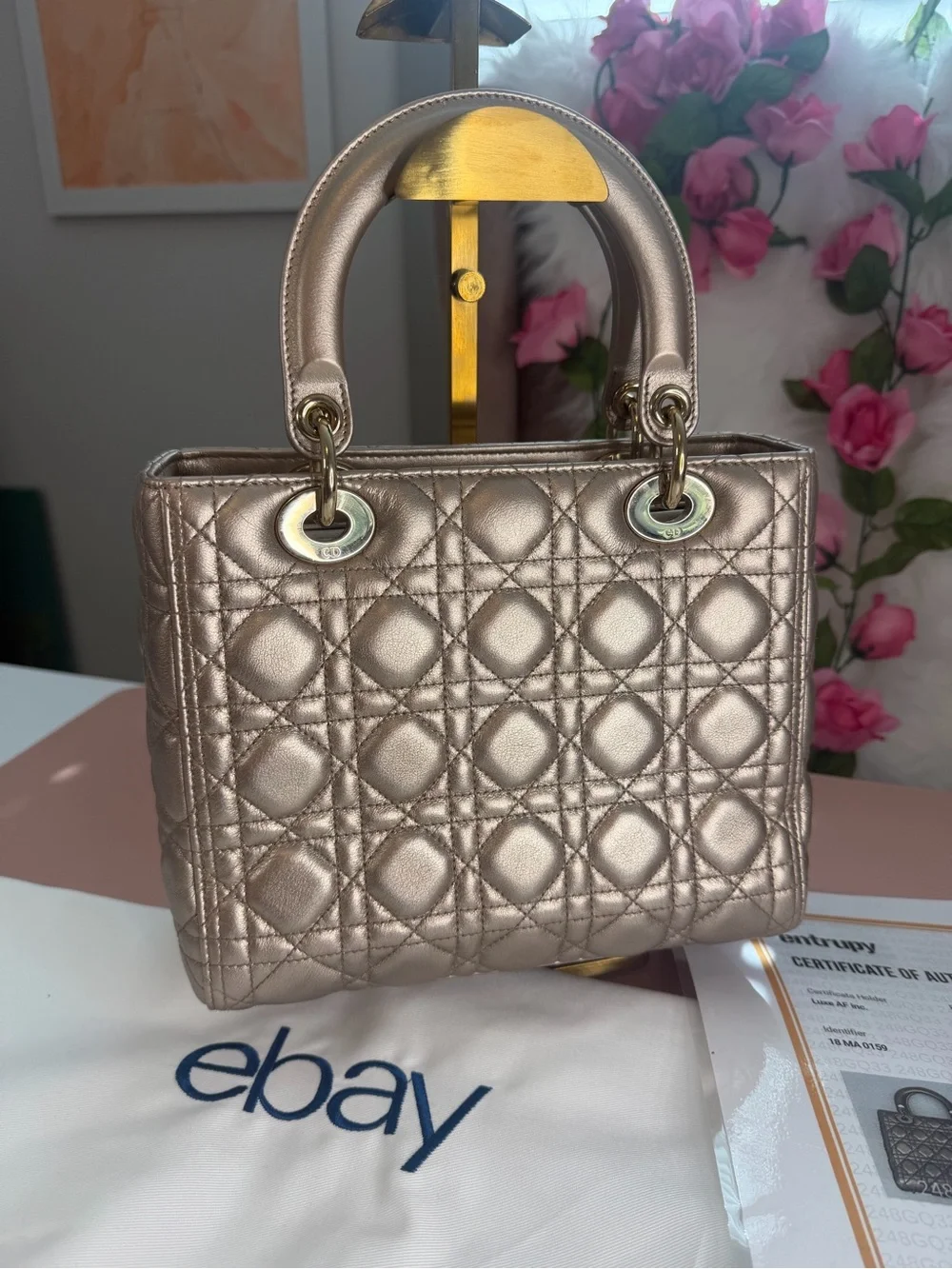 Christian Dior Metallic Lambskin Cannage Medium Lady Dior Bag w/ COA